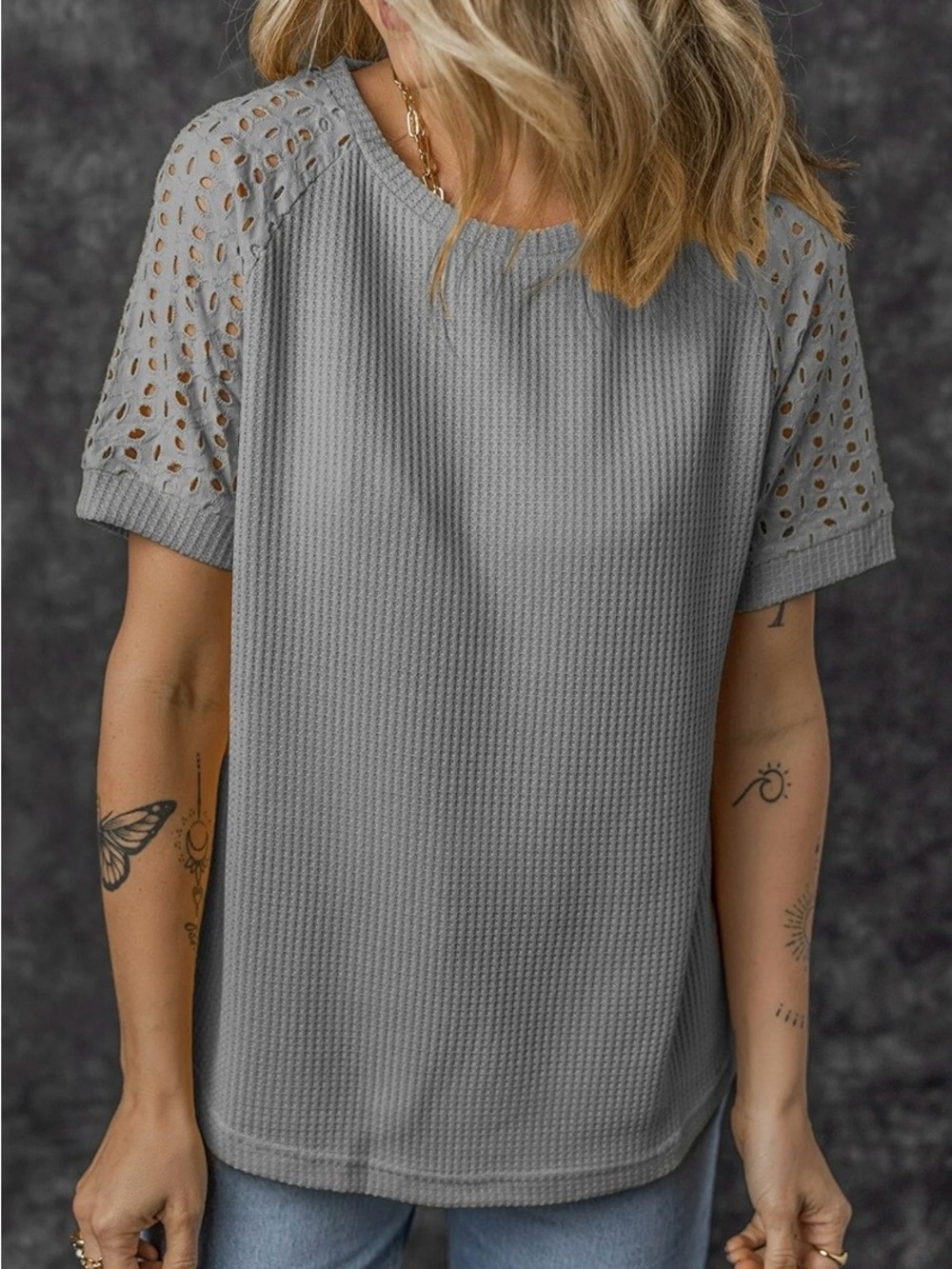 Gray Eyelet Sleeve Waffle Knit Top